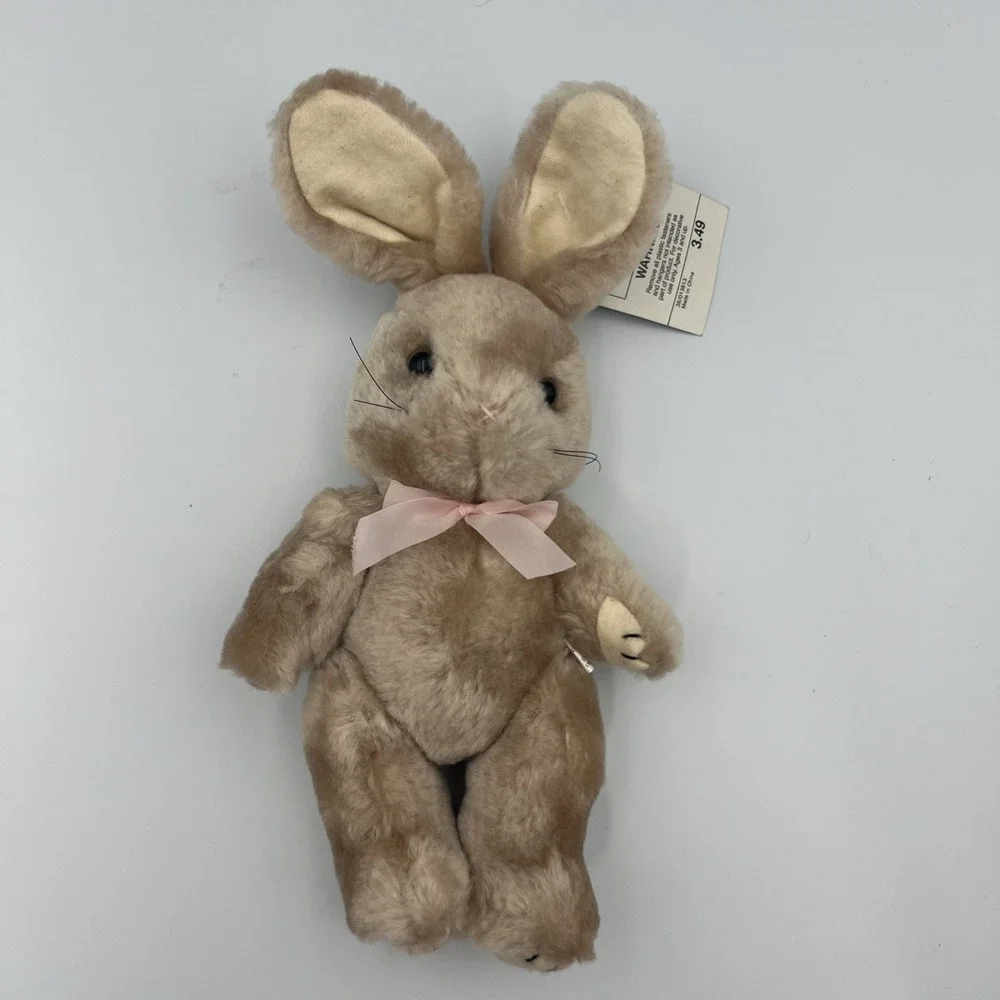 Vintage Tan‎ Beige Bunny Rabbit Pink Bow Plush Jointed 8